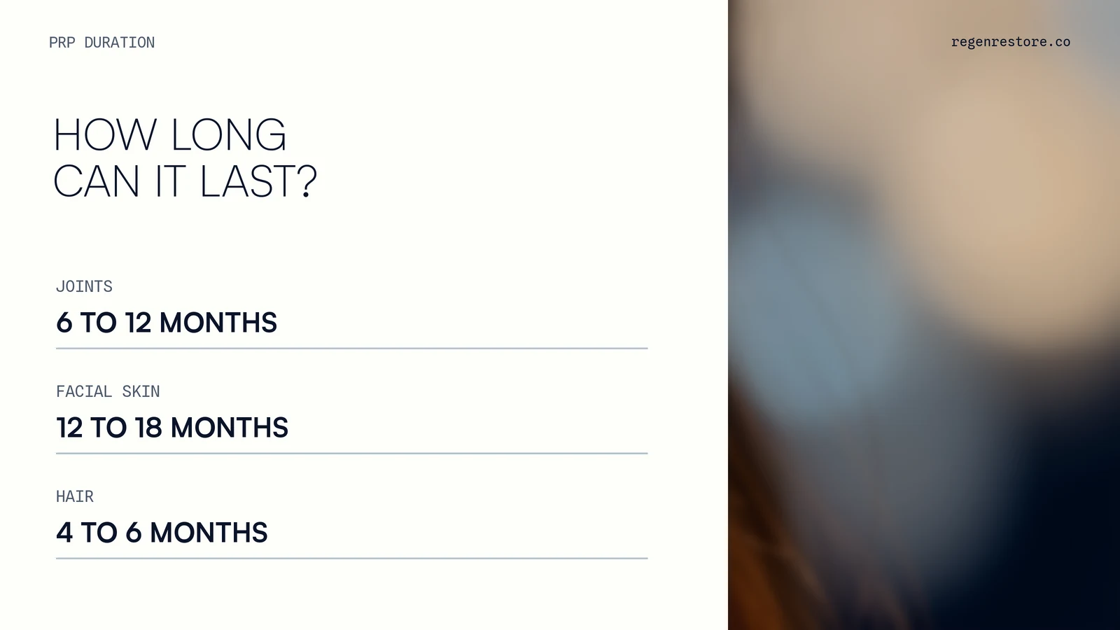 Three large duration ranges compare joints, facial skin, and hair over a separate skin-and-hair background.