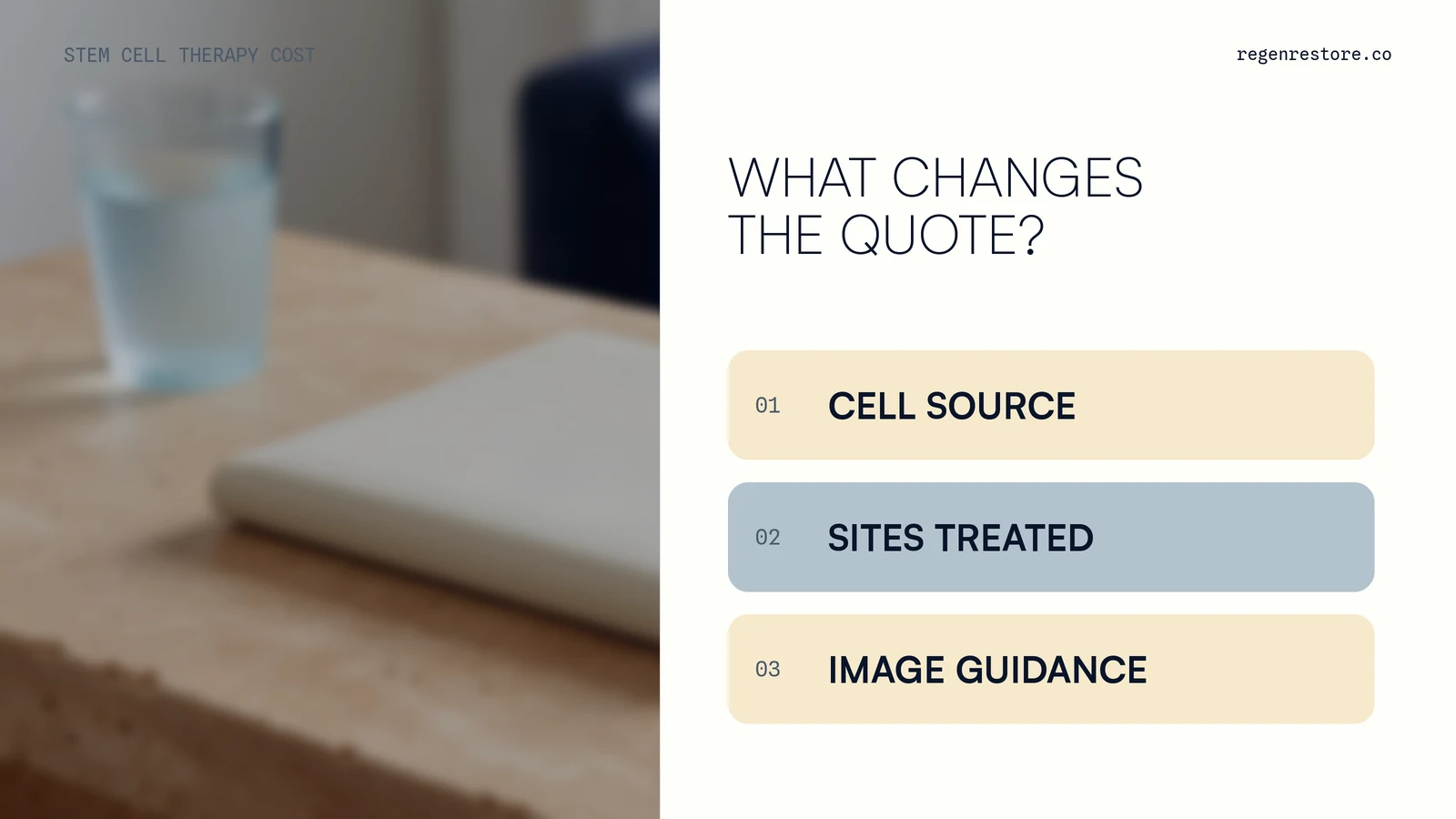 Three mobile-first rows identify cell source, sites treated, and image guidance over a distinct consultation still life.