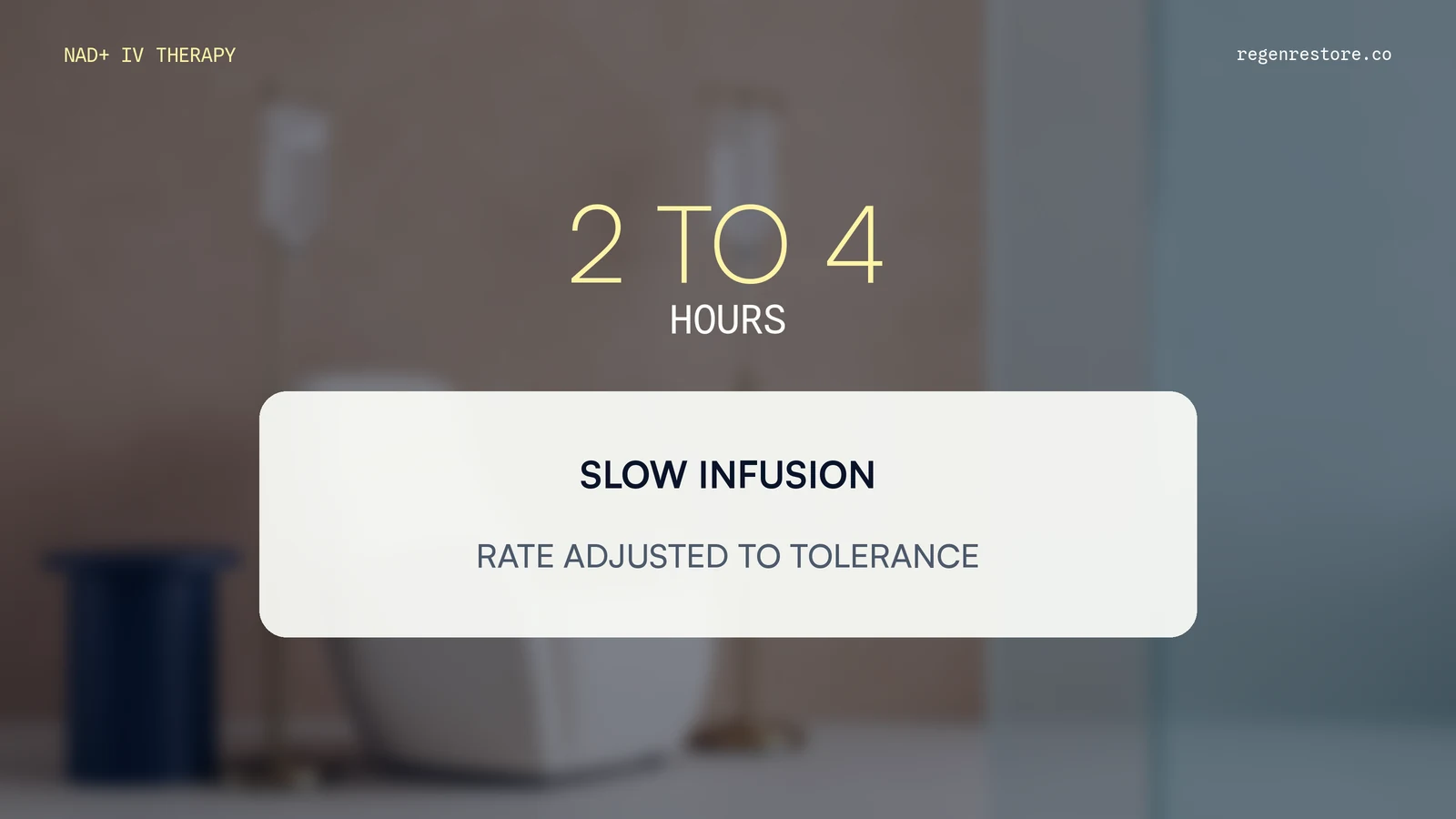 A mobile stat graphic highlights the two-to-four-hour slow infusion over a separate infusion-suite background.
