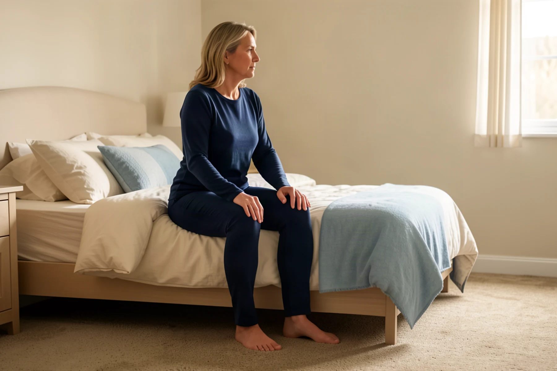 A woman sits at the edge of her bed in quiet morning light.