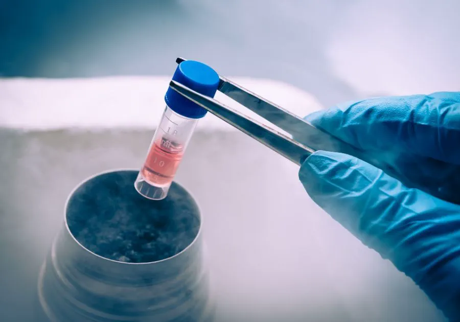 Gloved laboratory technician handling a cryogenic sample vial during regenerative medicine preparation