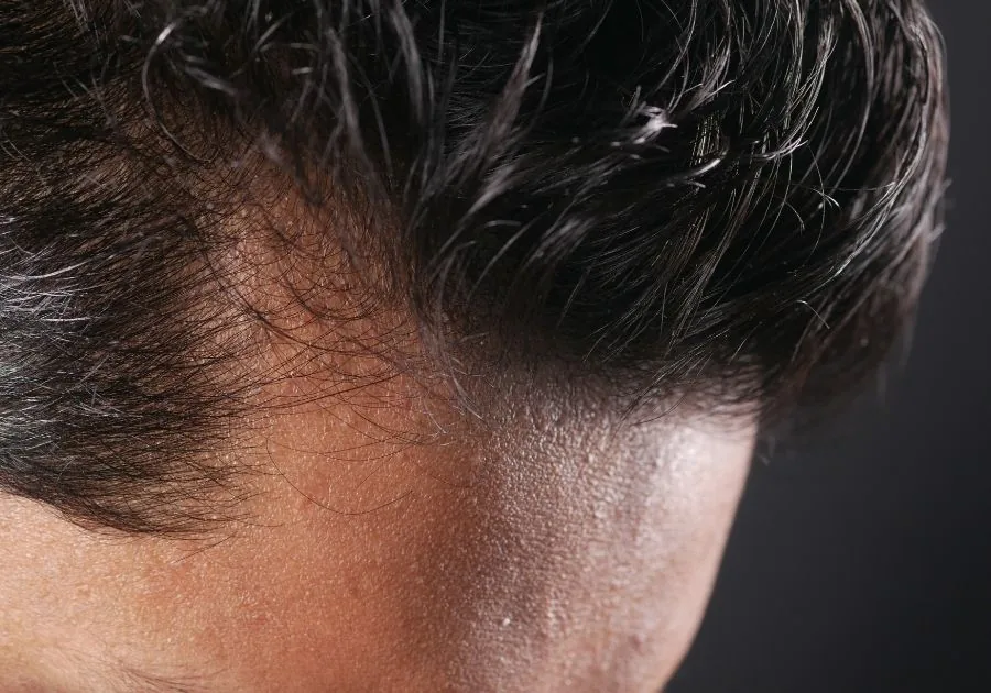 Person examining a thinning hairline and scalp while learning about hair shedding causes